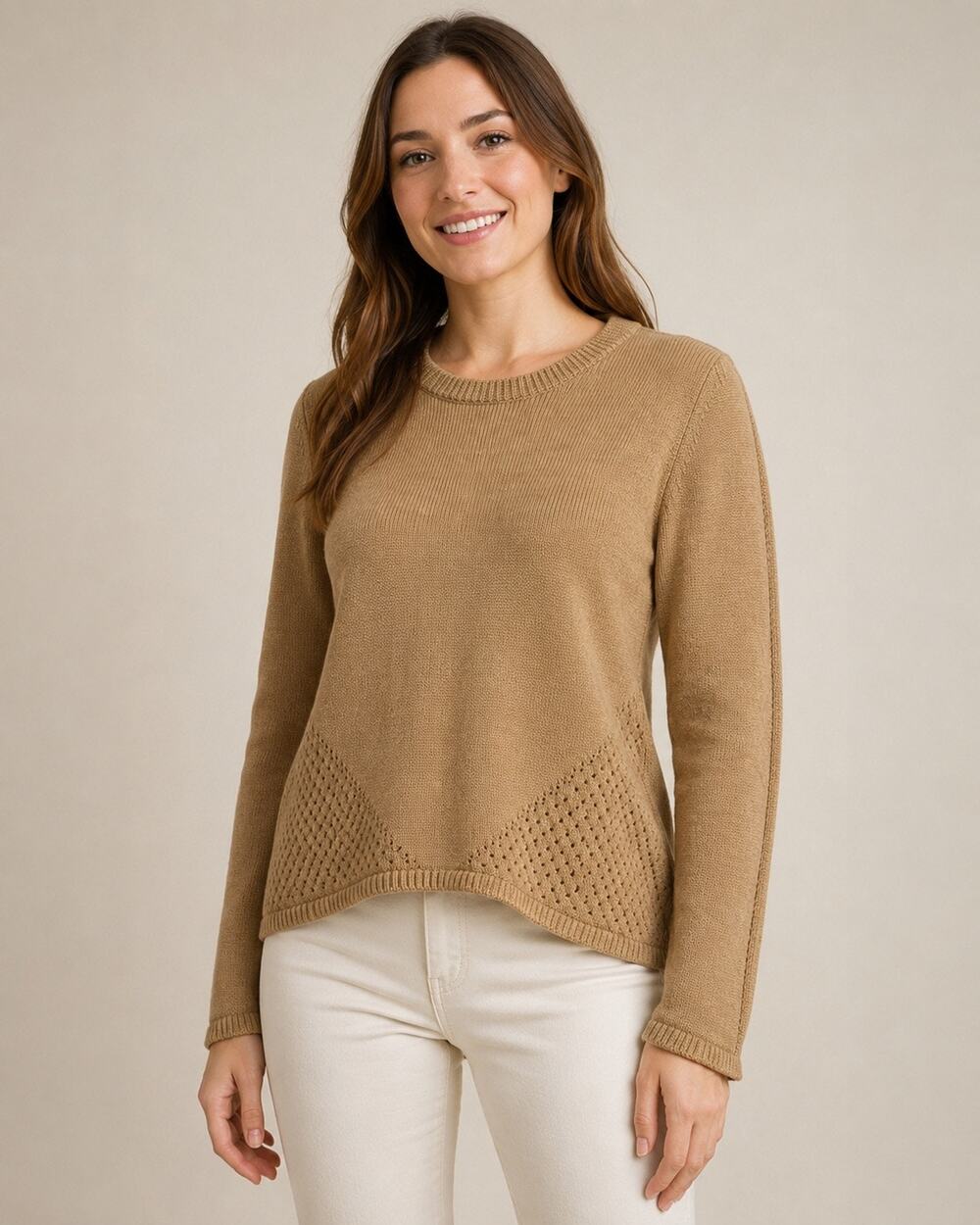 MILLY Merino Wool Pointelle High Low Sweater Camel Tan Long Sleeve Size L